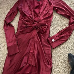 Fashion Nova Burgundy Satin Long Sleeve Dress